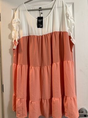 SHEIN Girls' White and Coral Tiered Ruffle Sleeve Dress